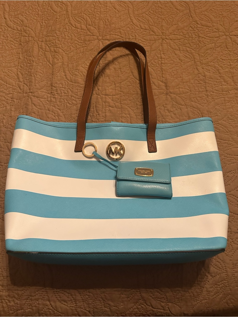 Michael Kors Turquoise & White Striped Leather Tote with Brown Straps